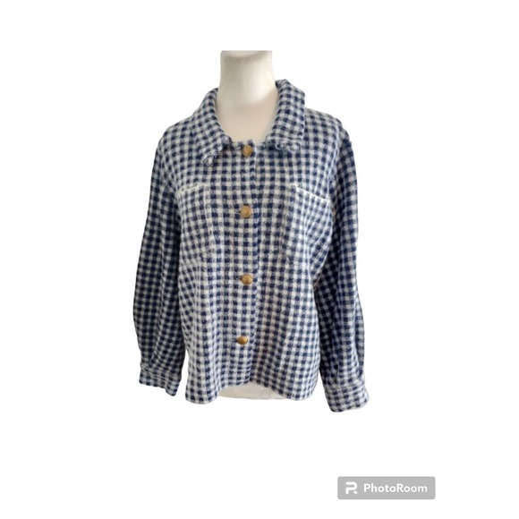 Max Studio Womens Blue White Gingham Plaid Button Up Shirt Jacket Shacket Size L - Picture 2 of 11